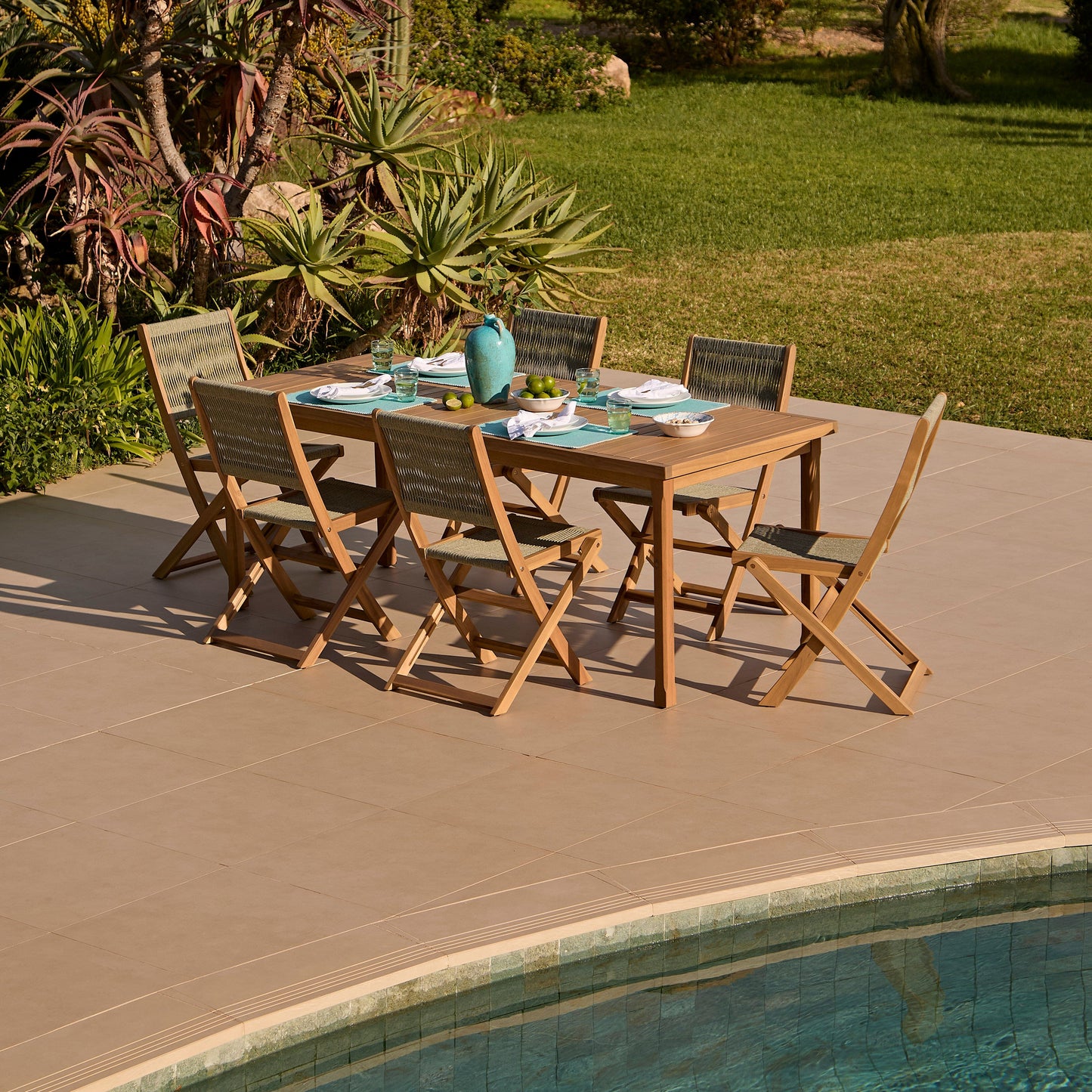 Harlyn 6 Seater Wooden Garden Dining Set with Cove Green Rope Chairs - 200cm - Laura James