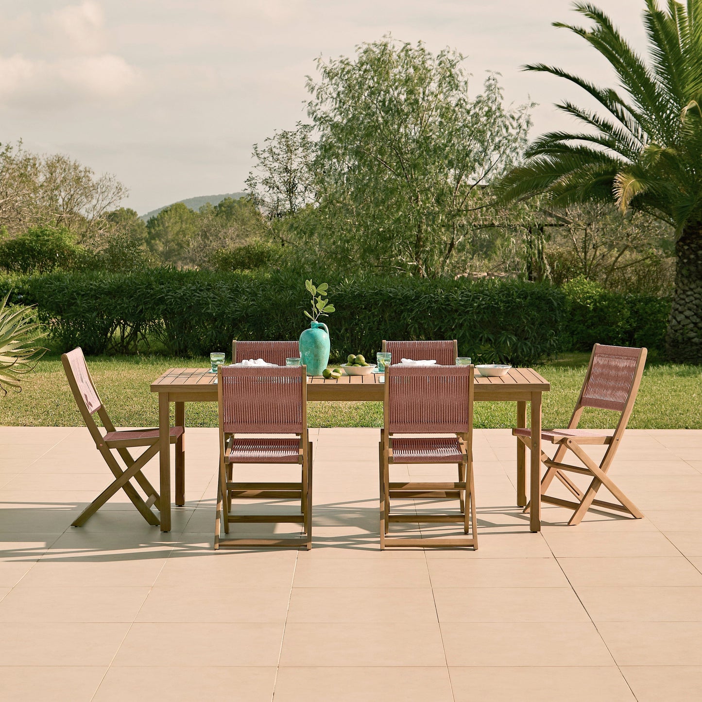 Harlyn 6 Seater Wooden Garden Dining Set with Cove Pink Rope Chairs - 200cm - Laura James