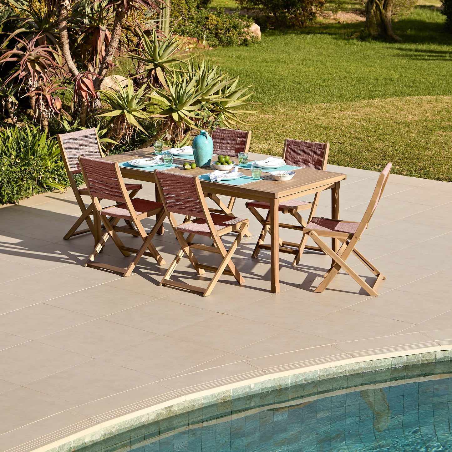 Harlyn 6 Seater Wooden Garden Dining Set with Cove Pink Rope Chairs - 200cm - Laura James