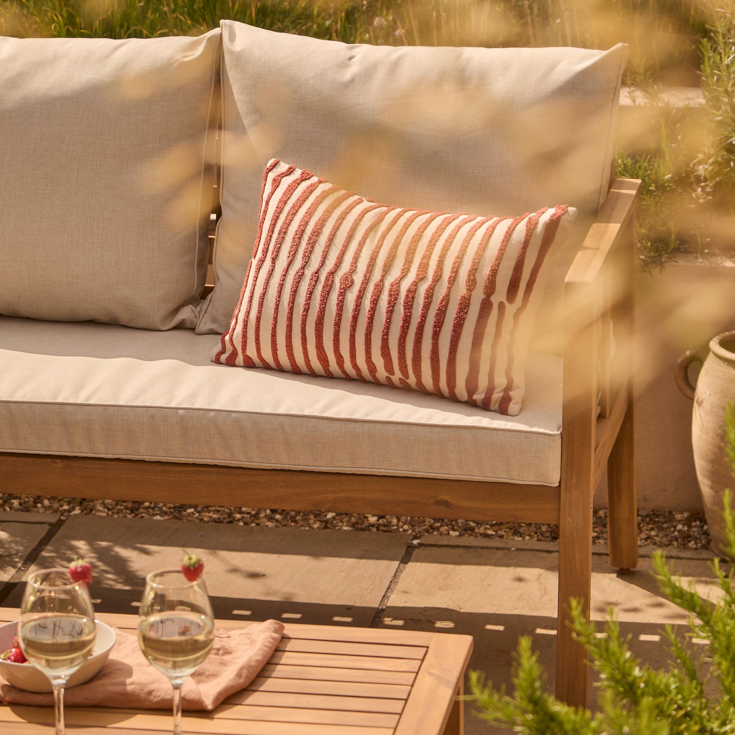 Harrelson 3 Seater Wooden Garden Chaise Corner Set - Natural Acacia and Sand - Laura James