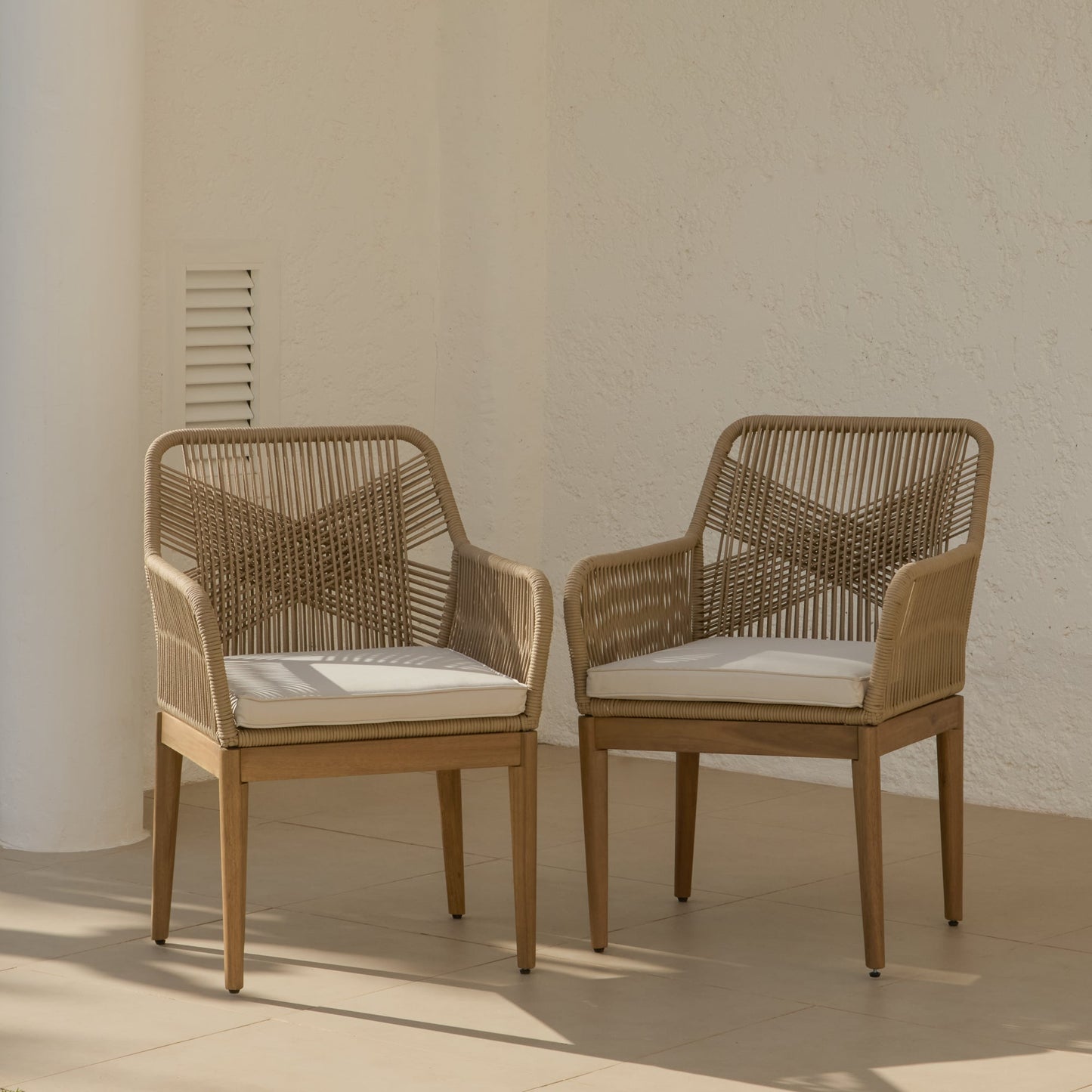 Killian White Acacia Garden Chairs - Set of 2 - Natural Rope - Laura James