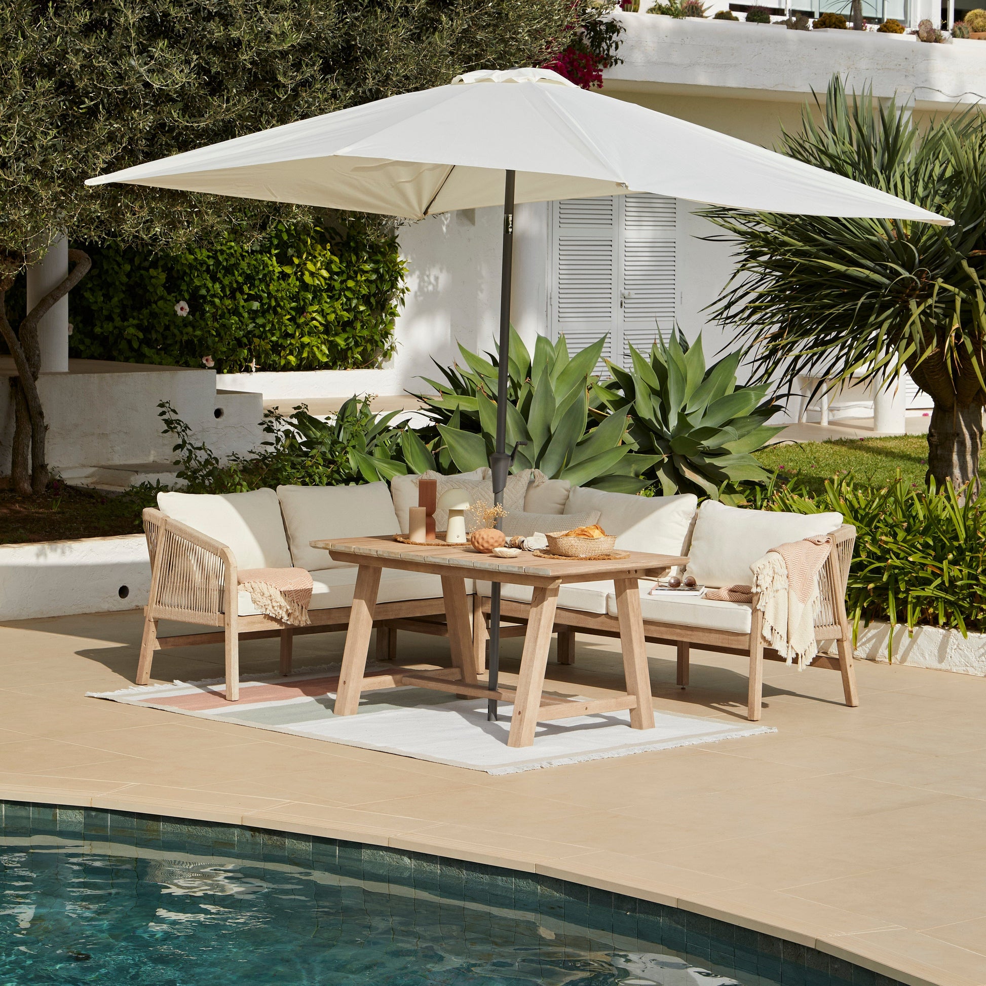 Shiro Wooden Garden Corner Dining Sofa Set with Cream Parasol - Laura James 
