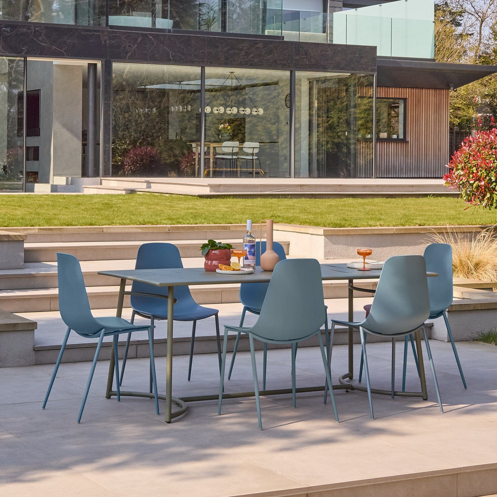 Wilder 6 Seater Metal Garden Dining Set with Wren Blue Chairs - Laura James 