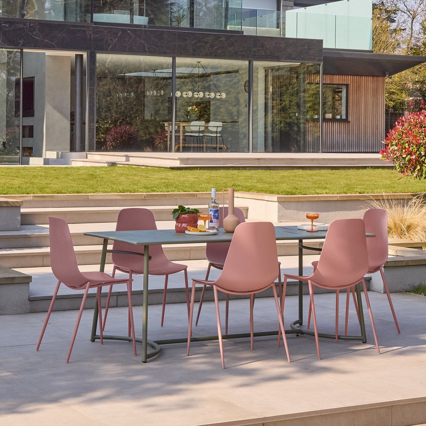Wilder 6 Seater Metal Garden Dining Set with Wren Pink Chairs- Laura James 