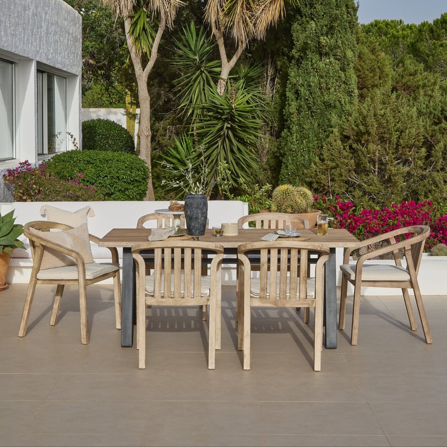 Palm 6 Seater Wooden Garden Dining Set with 6 Shiro Cushioned Chairs - Laura James 