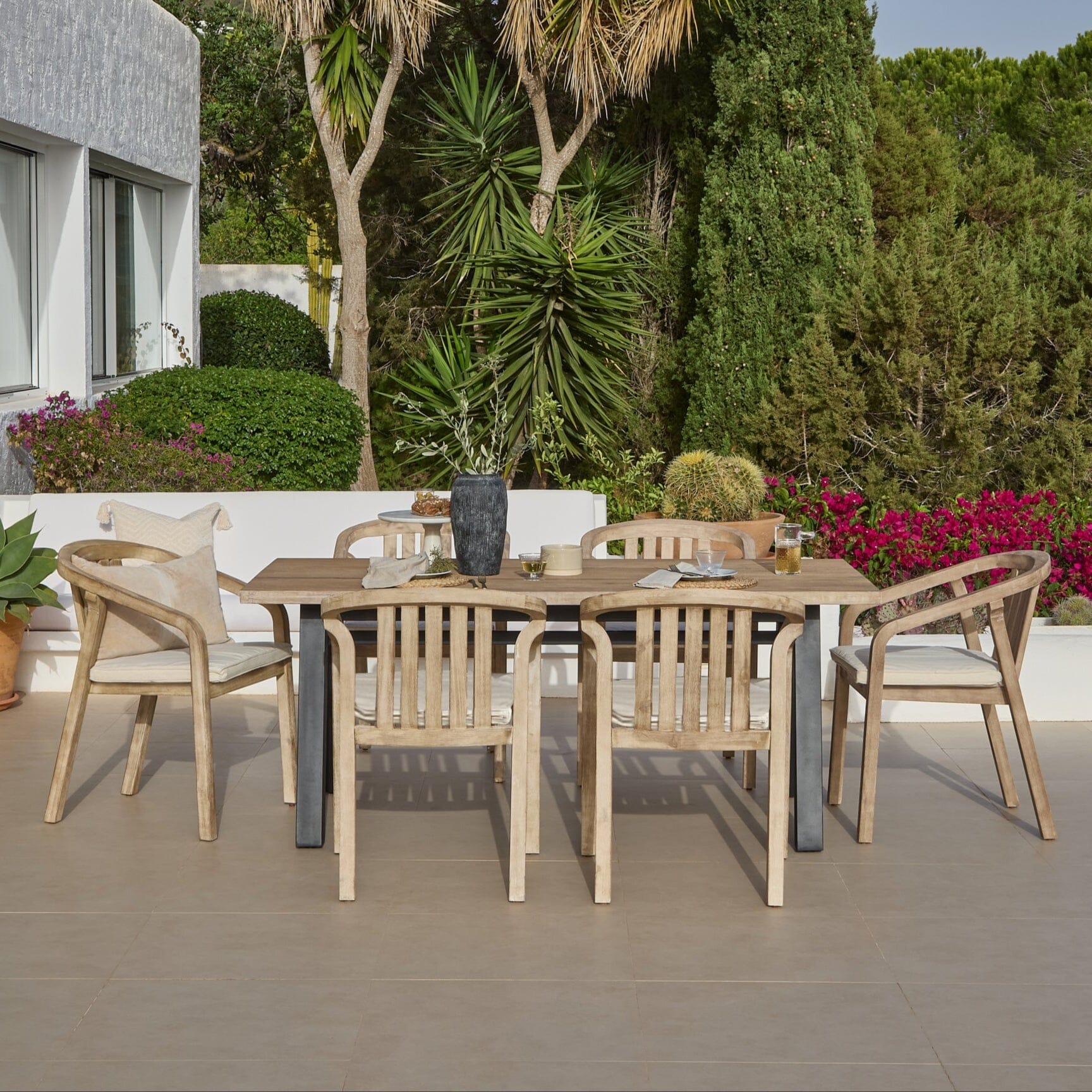 Palm 6 Seater Wooden Garden Dining Set with 6 Shiro Cushioned Chairs - Laura James 