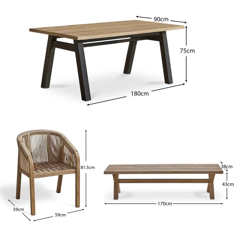 Palm Wooden 6 Seater Dining Table Set with Nala Wooden Dining Chairs and Charlotte  Dining Bench - Laura James 