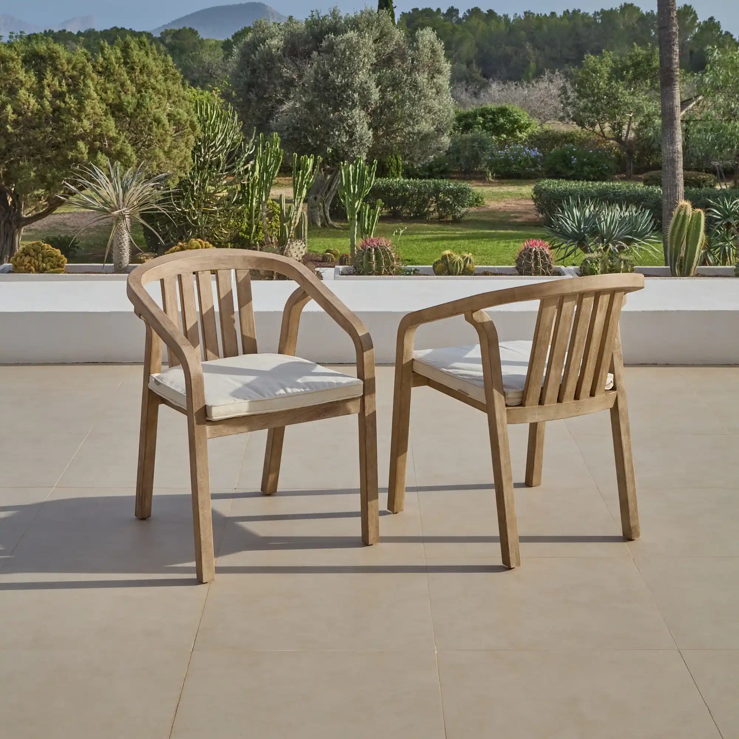 Shiro Wooden Garden Chairs with White Cushions - Set of 2 - Laura James 