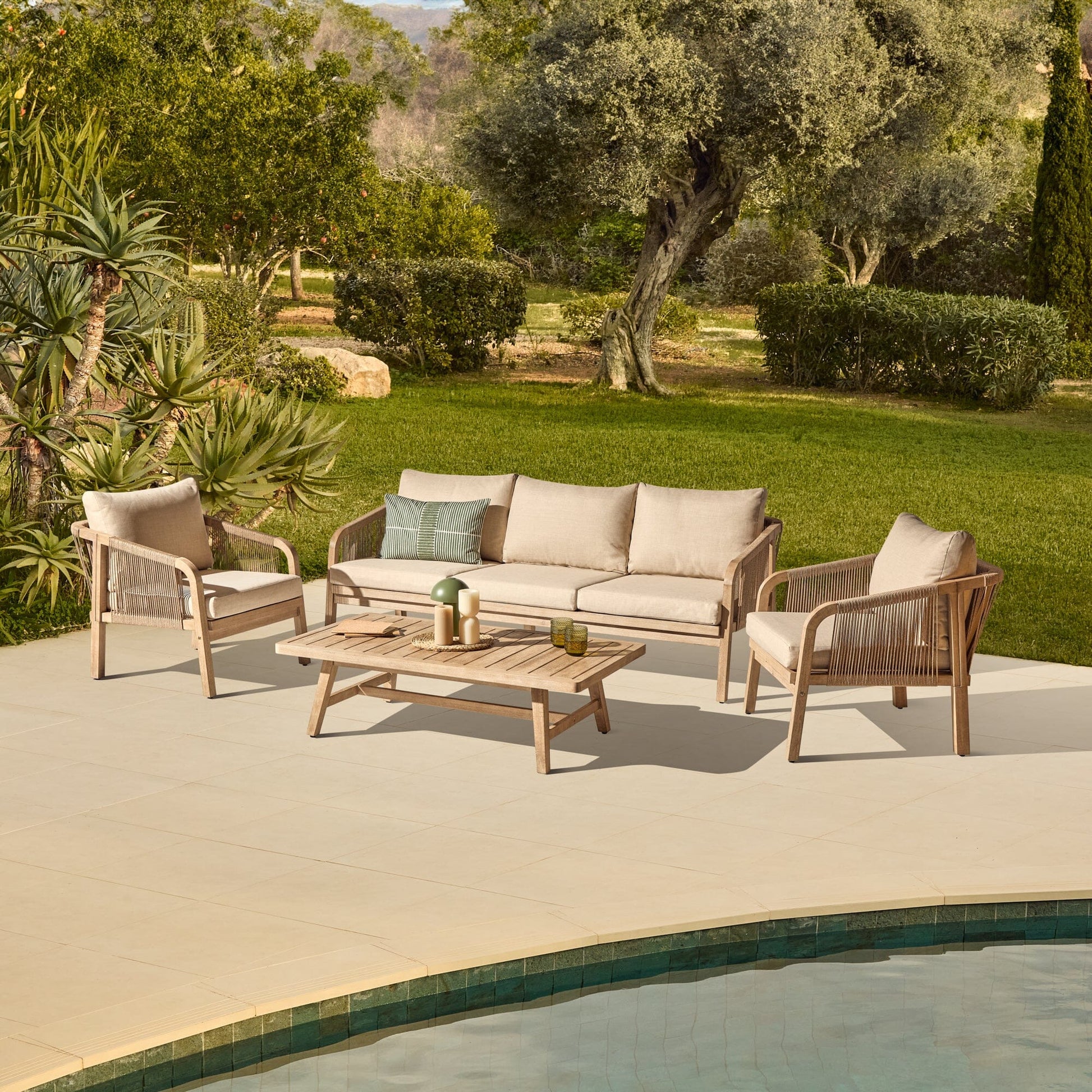 Shiro Wooden Garden Set with 3 Seater Sofa - 2 Shiro Armchairs & Cosima Coffee Table - Laura James 