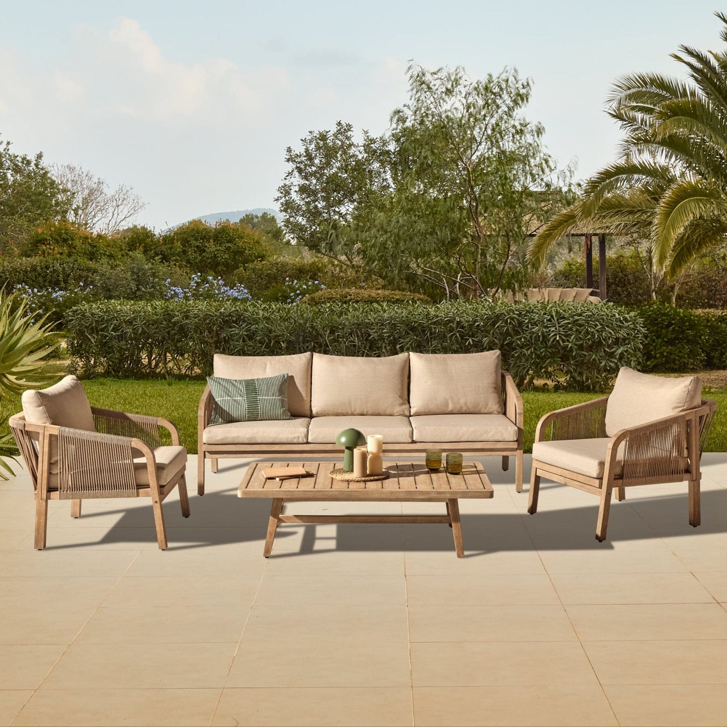 Shiro Wooden Garden Set with 3 Seater Sofa - 2 Shiro Armchairs & Cosima Coffee Table - Laura James 