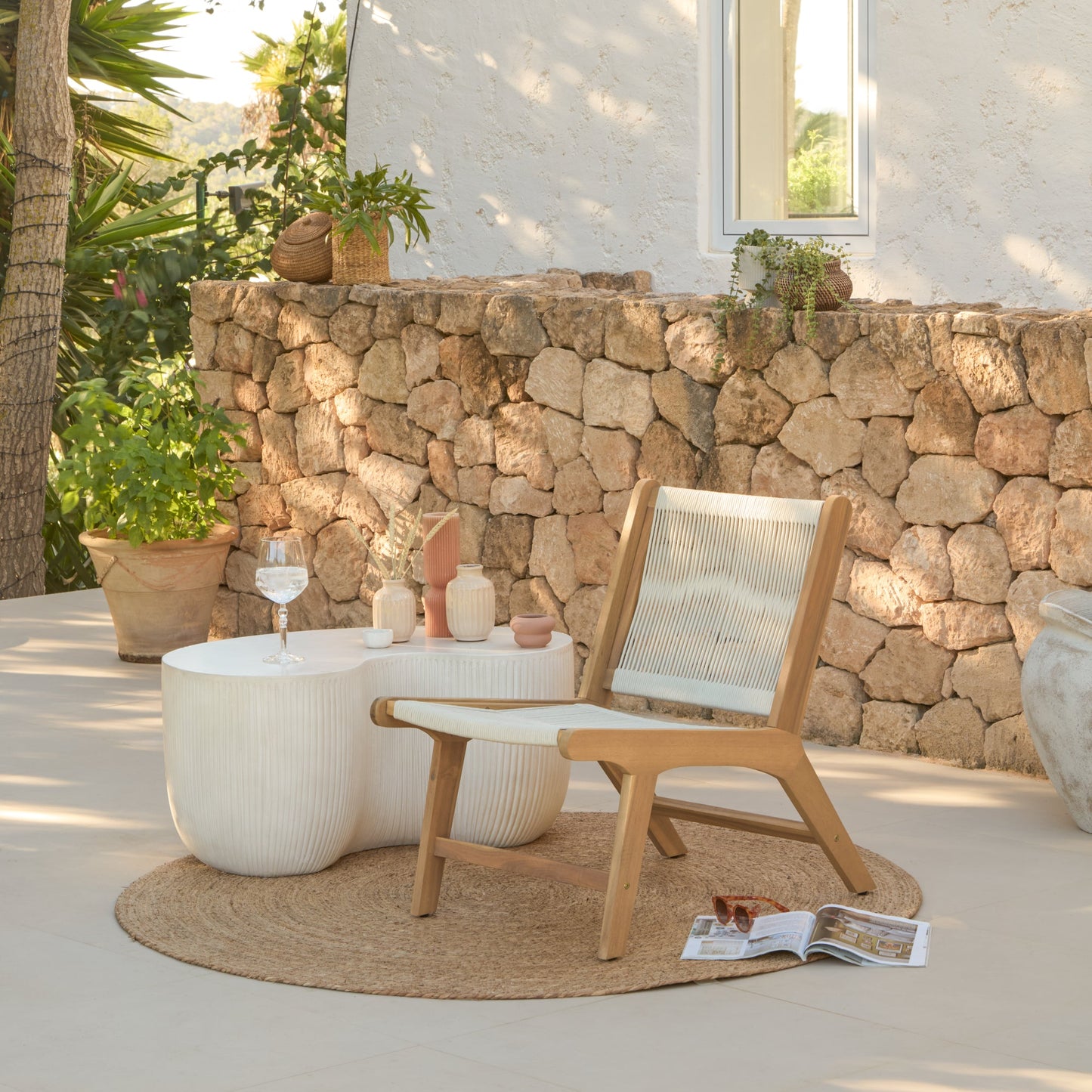 Seren White Acacia Occasional Garden Chair - Beige Rope - Laura James