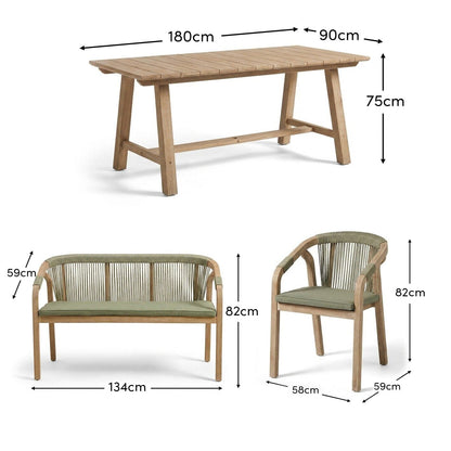 Shiro 6 Seater Wooden Garden Dining Set with 2 Shiro Benches & 2 Shiro Chairs - Green Rope
