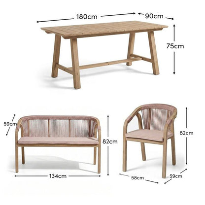 Shiro 6 Seater Wooden Garden Dining Set with 2 Shiro Benches & 2 Shiro Chairs - Pink Rope