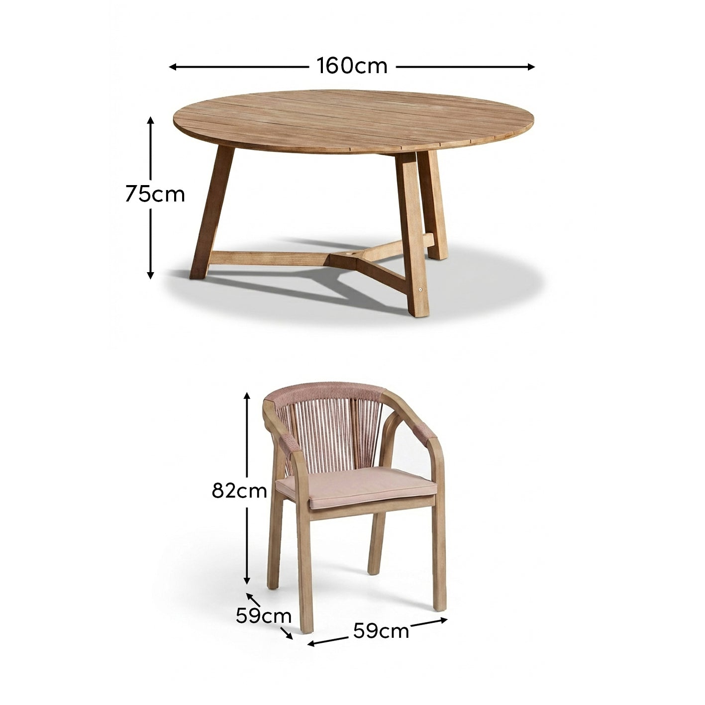 Shiro 6 Seater Wooden Garden Dining Set with Shiro Pink Rope Dining Chairs - 160cm - Laura James