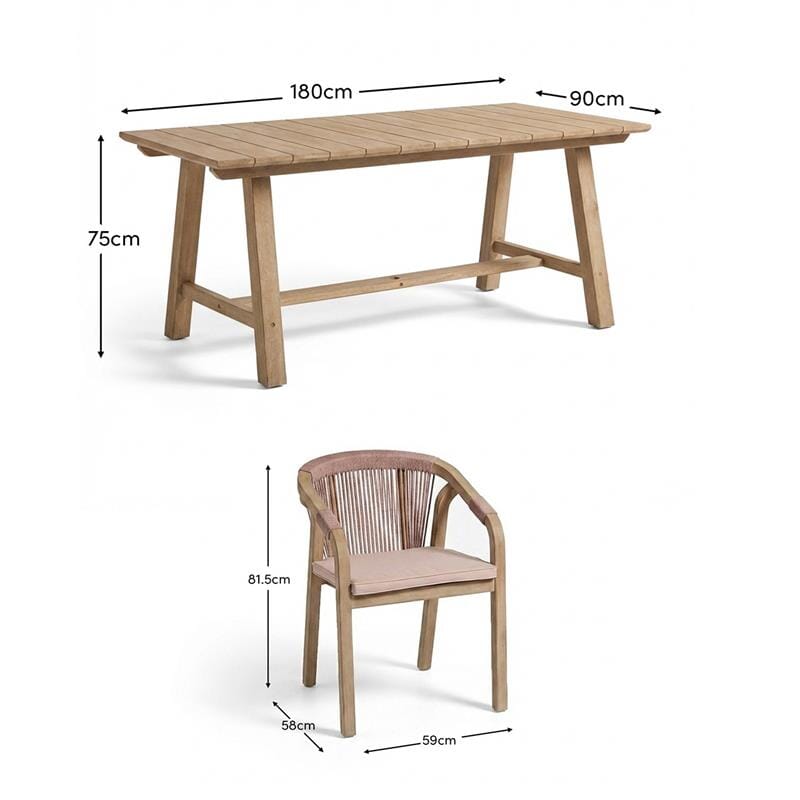 Shiro 6 Seater Wooden Garden Dining Set with Shiro Pink Rope Dining Chairs - 180cm