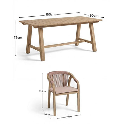 Shiro 6 Seater Wooden Garden Dining Set with Shiro Pink Rope Dining Chairs - 180cm