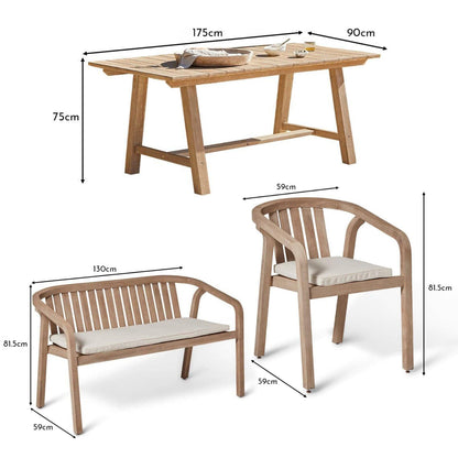 Shiro Wooden Rectangular Garden Dining Table Set with 4 Shiro Chairs & Bench with Cushion Pads - Rattan Direct 