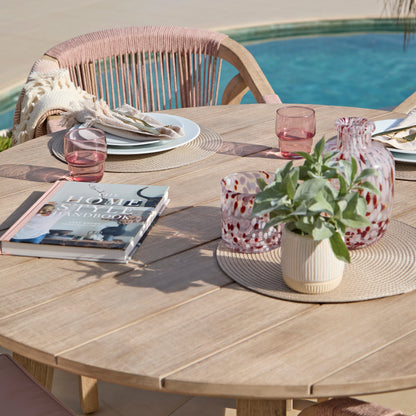 Shiro 4 Seater Round Wooden Garden Dining Set with Shiro Pink Rope Dining Chairs - 120cm - Laura James