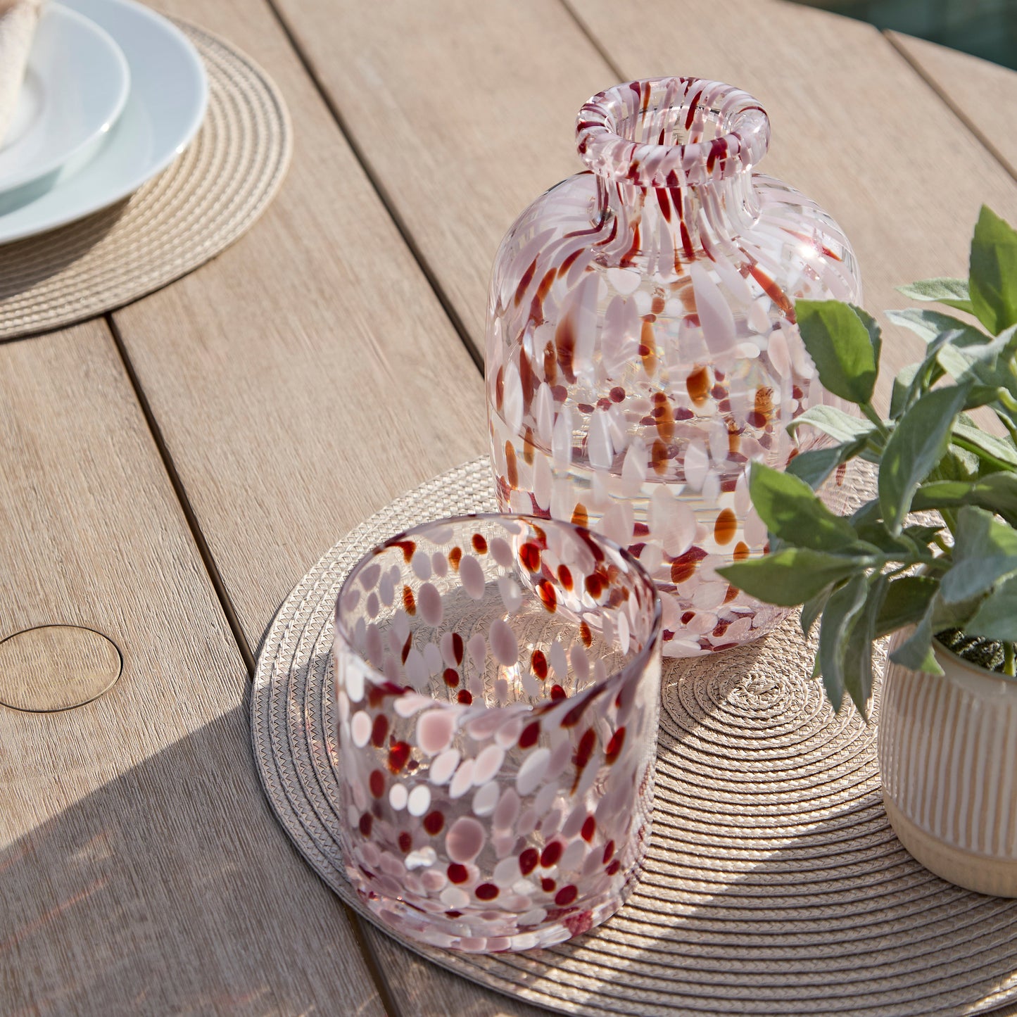 Shiro 4 Seater Round Wooden Garden Dining Set with Shiro Pink Rope Dining Chairs - 120cm - Laura James