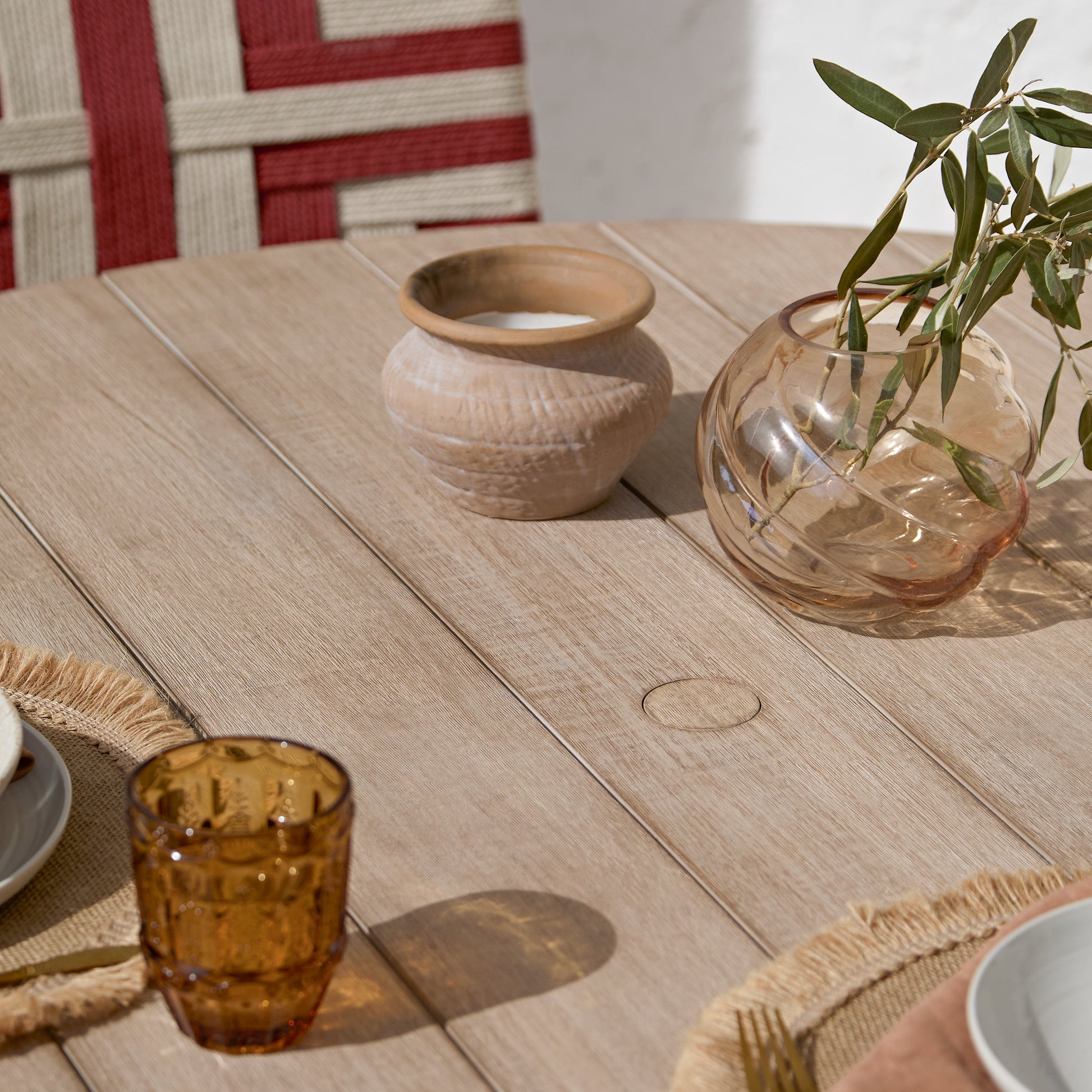 Shiro 4 Seater Round Wooden Garden Dining Set with Saffron Paprika/Beige Dining Chairs - Laura James