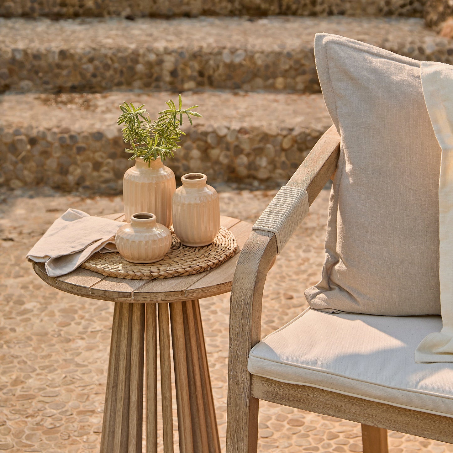 Shiro Wooden Garden Bench - Beige Rope - Laura James