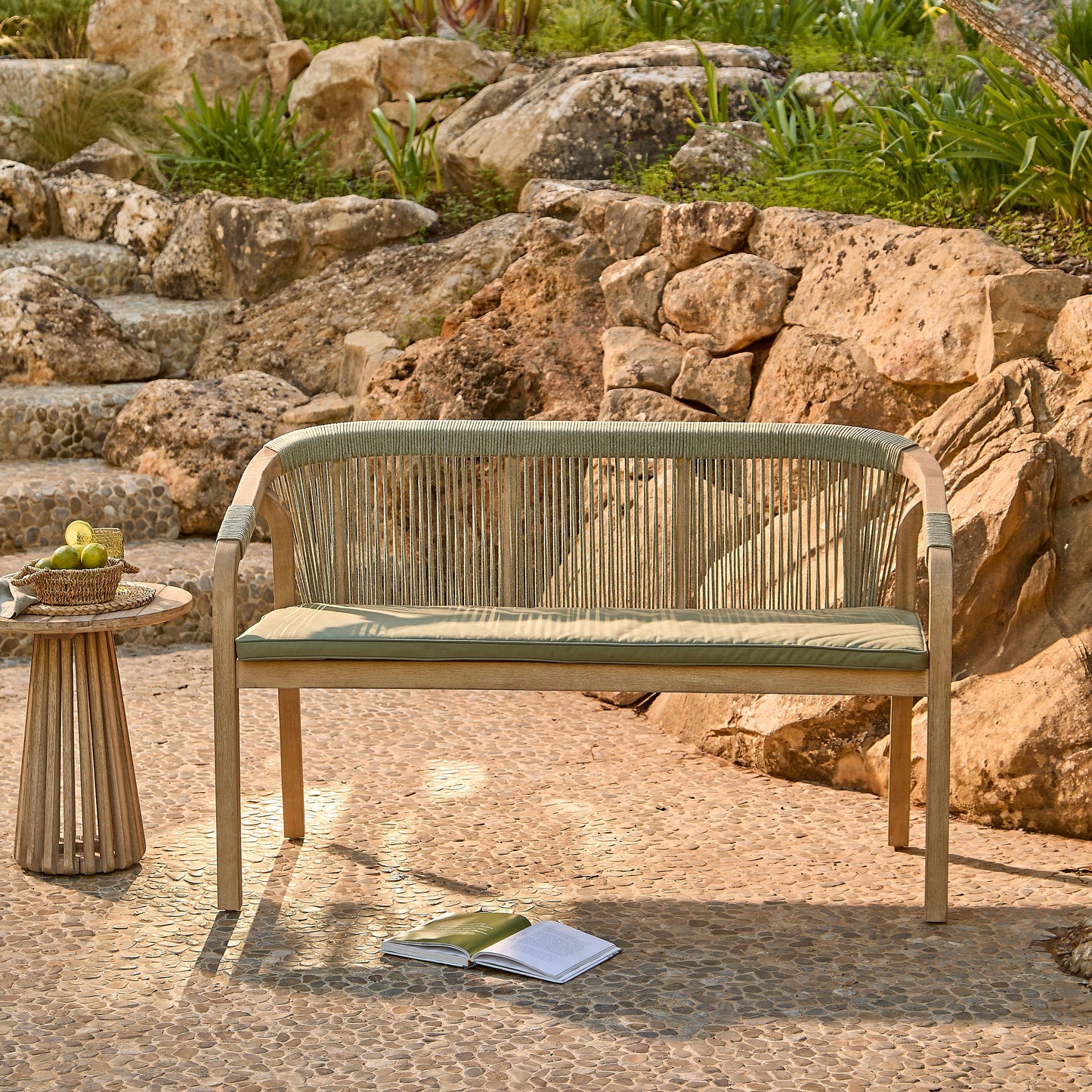 Shiro Wooden Garden Bench - Green Rope - Laura James