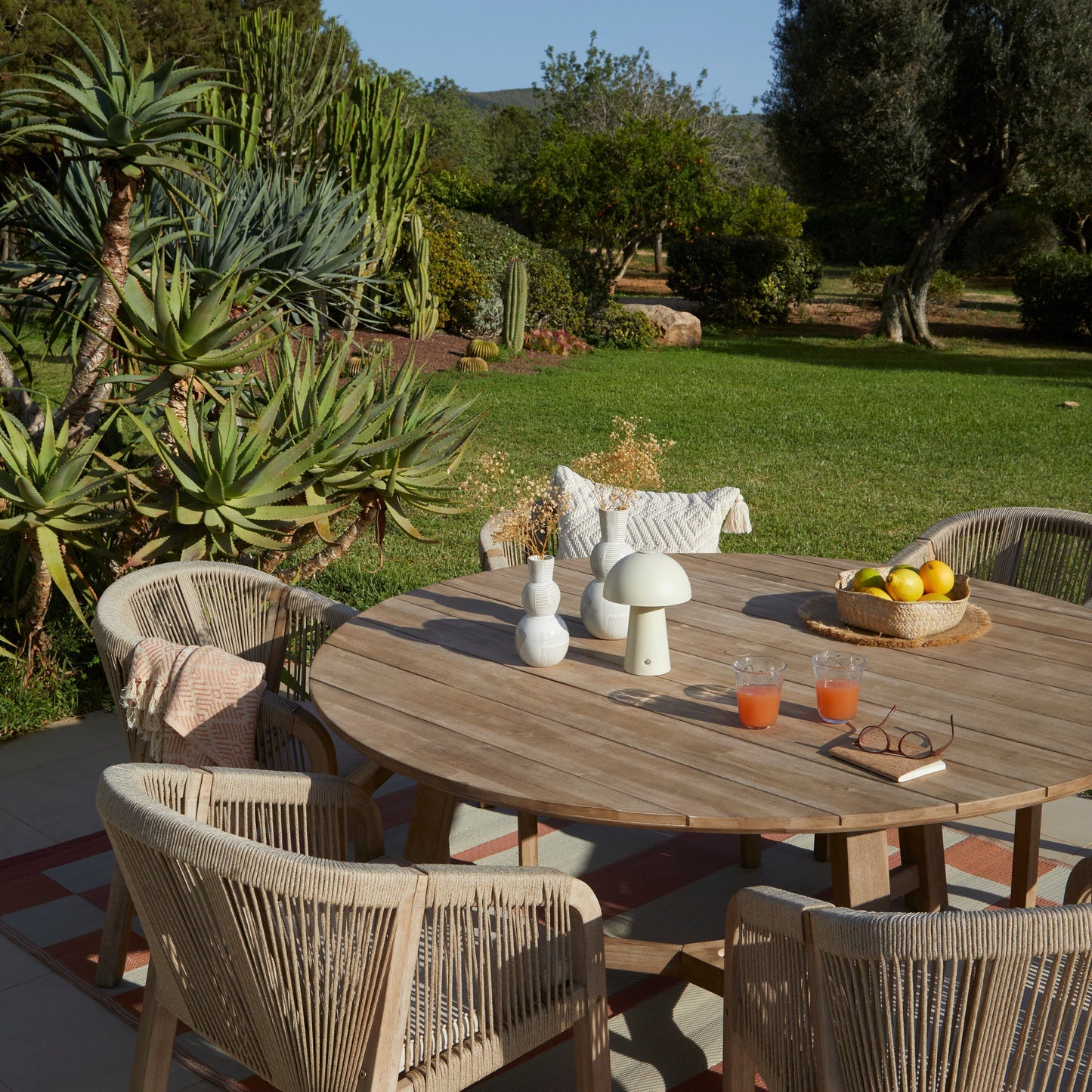 Shiro 6 Seater Wooden Round Dining Set with 6 Nala Sand Chairs - Laura James 