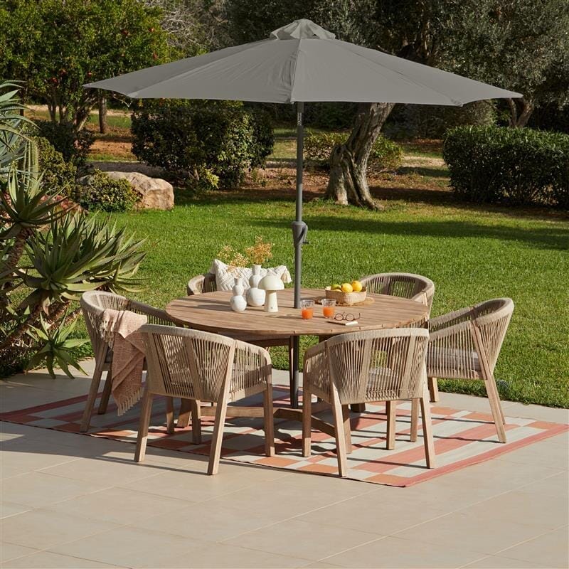 Shiro Wooden Round Dining Table Set with  Nala Dining Chairs and Grey Parasol - Laura James 