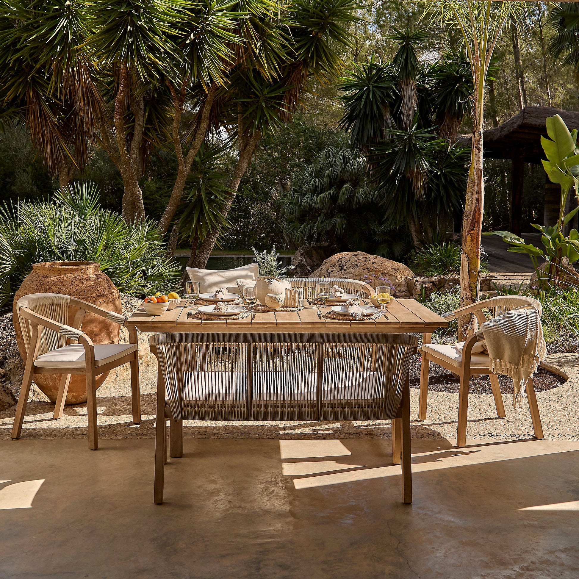 Shiro 6 Seater Wooden Garden Dining Set with 2 Shiro Benches & 2 Shiro Chairs - Beige Rope - Laura James