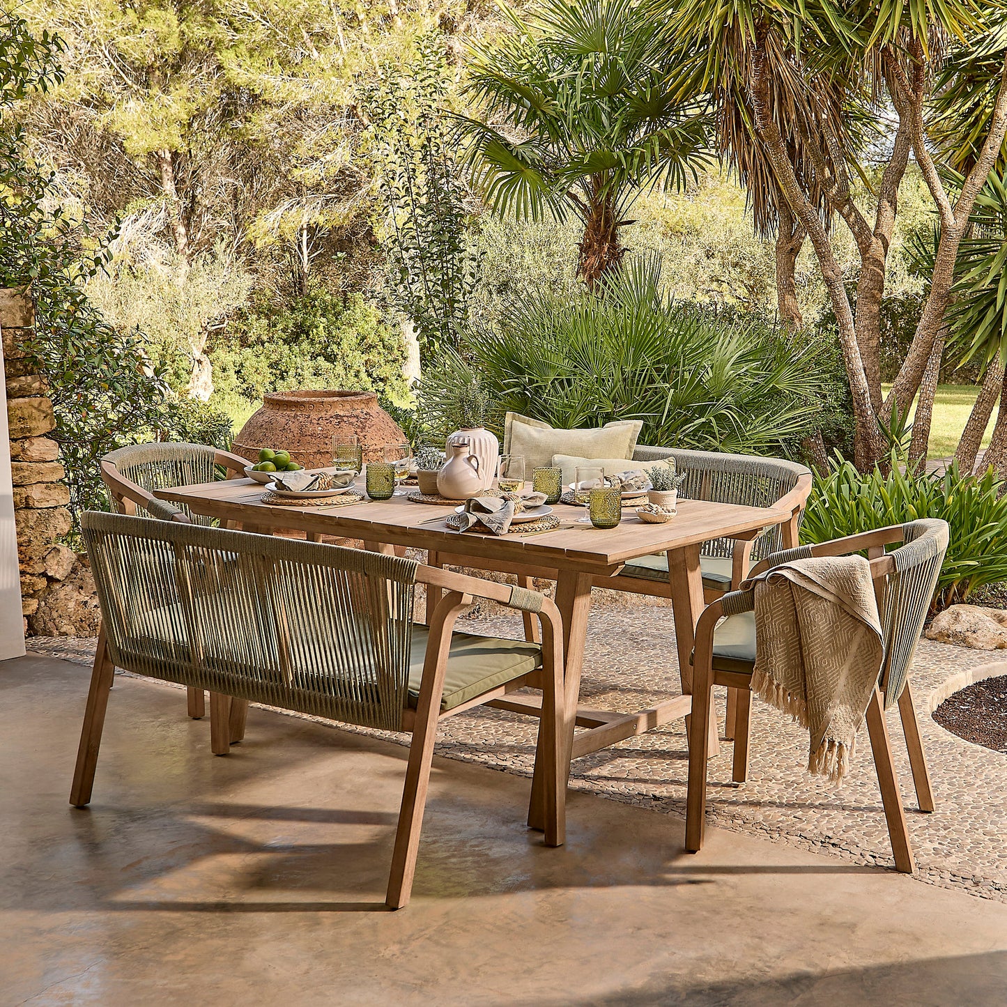 Shiro 6 Seater Wooden Garden Dining Set with 2 Shiro Benches & 2 Shiro Chairs - Green Rope - Laura James