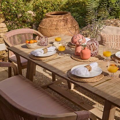 Shiro 6 Seater Wooden Garden Dining Set with Shiro Pink Rope Chairs & Bench - 180cm - Laura James
