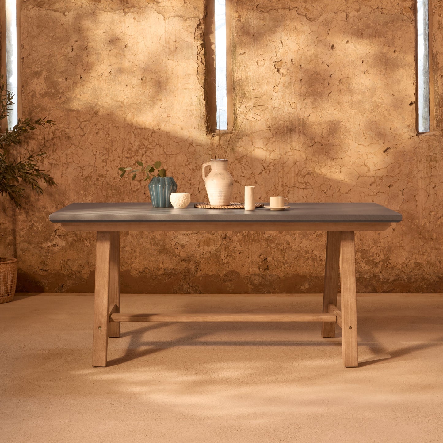 Shiro Brushed Light Acacia Garden Dining Table - Dove Grey Concrete - Laura James