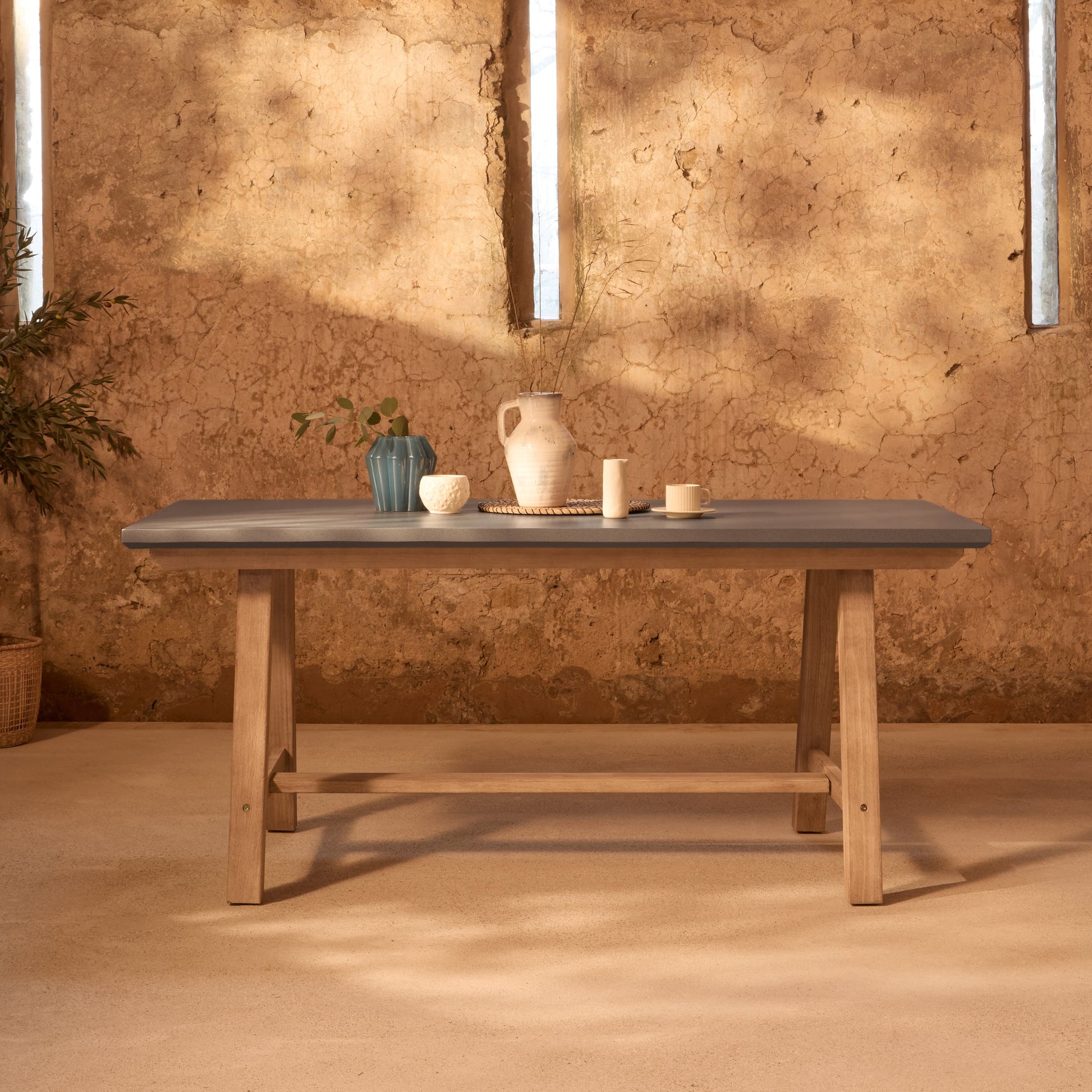 Shiro Brushed Light Acacia Garden Dining Table - Dove Grey Concrete - Laura James