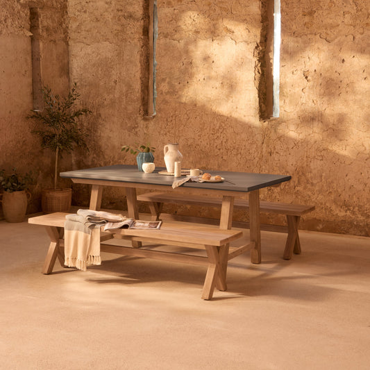 Shiro 6 Seater Dove Grey Garden Dining Set with 2 Charlotte Benches - Laura James