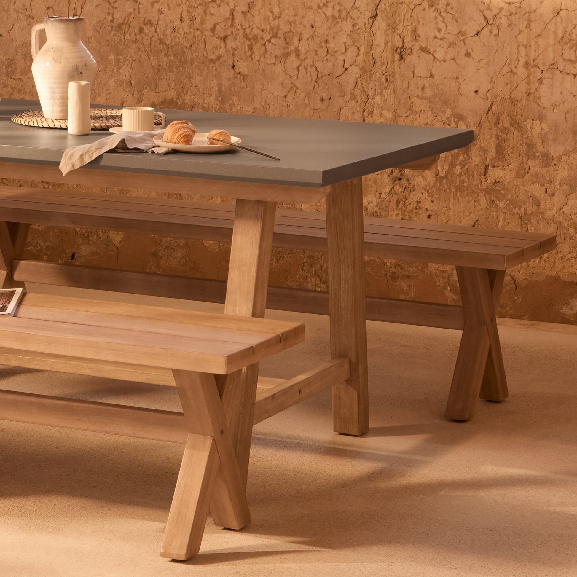 Shiro 6 Seater Dove Grey Garden Dining Set with 2 Charlotte Benches - Laura James