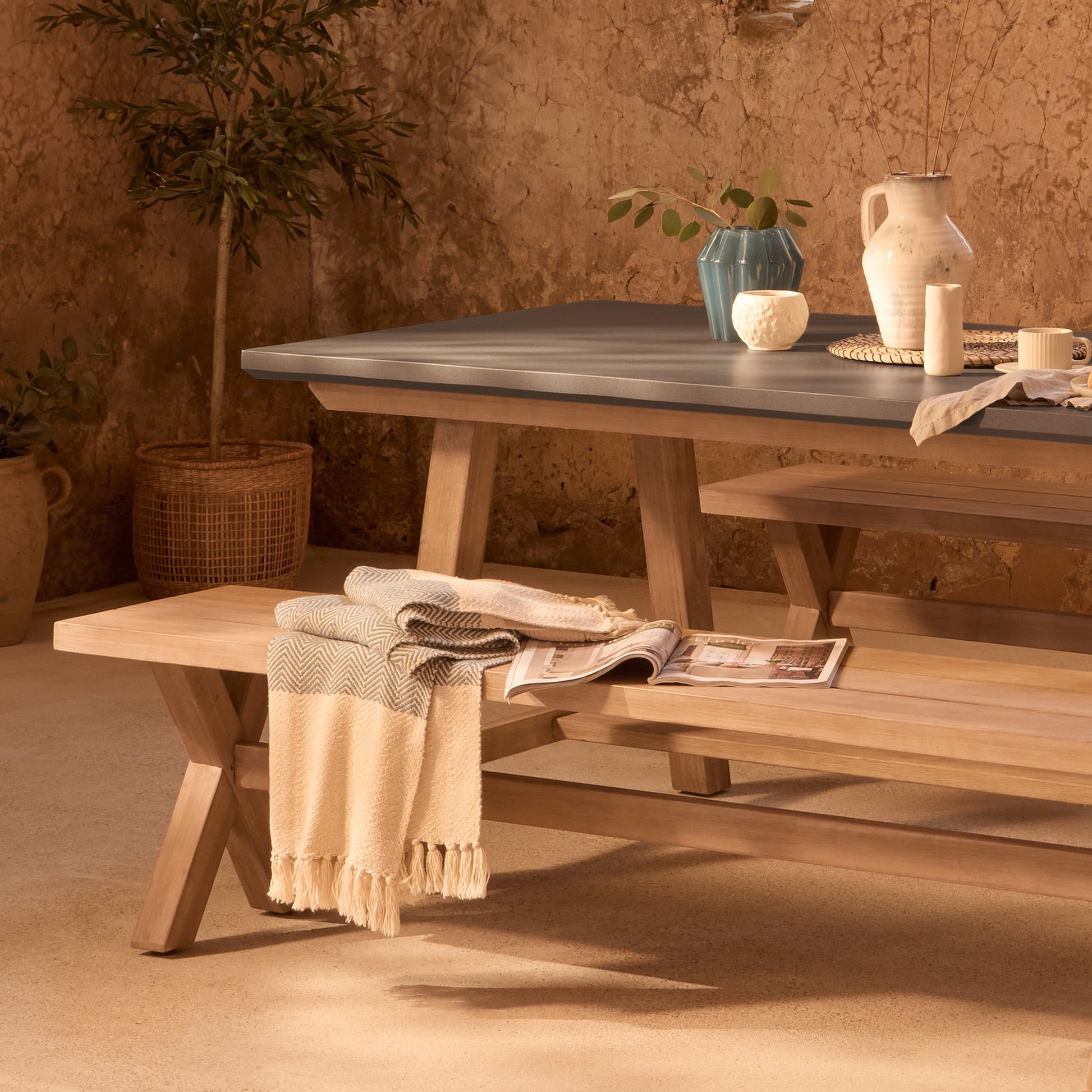 Shiro 6 Seater Dove Grey Garden Dining Set with 2 Charlotte Benches - Laura James