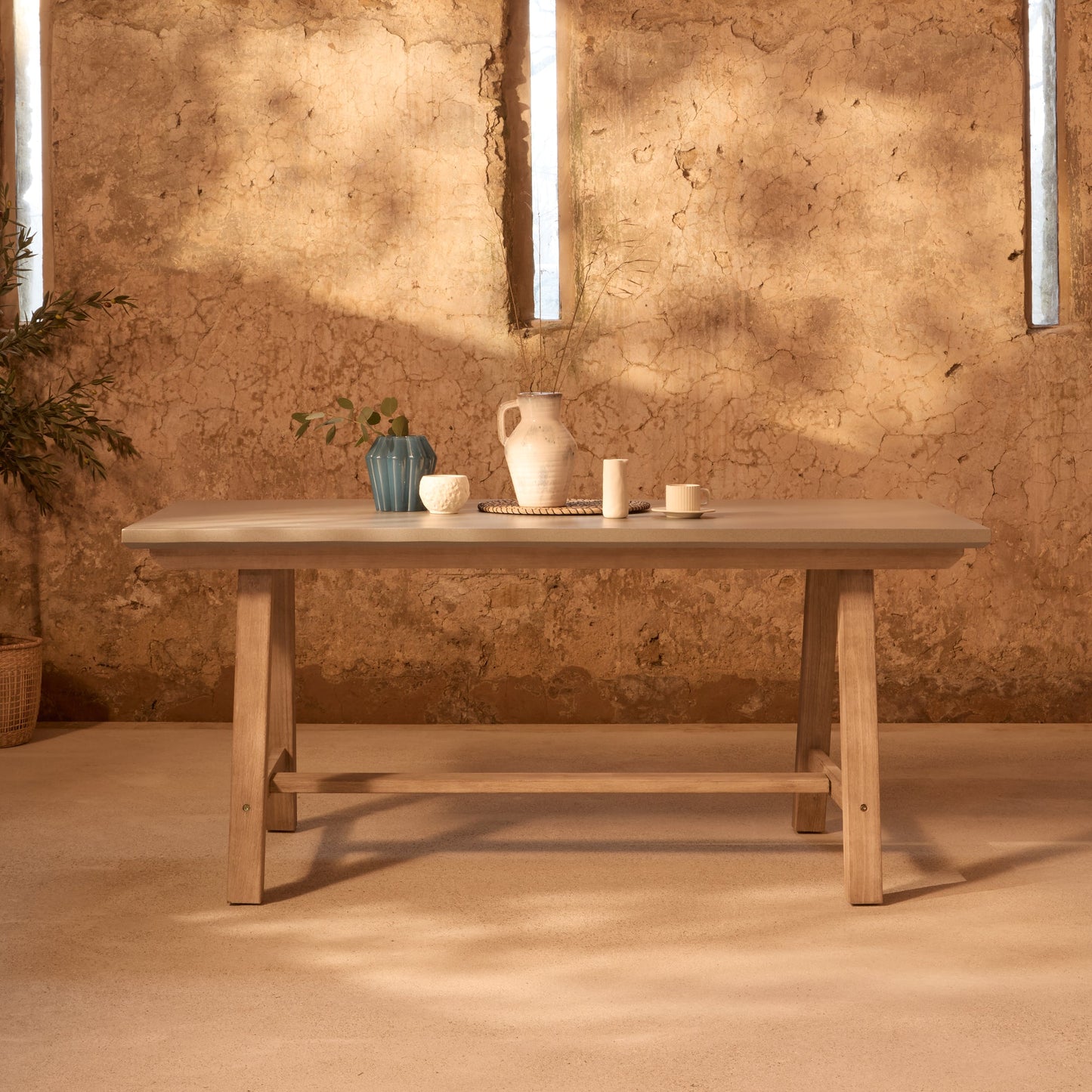 Shiro Brushed Light Acacia Garden Dining Table - Pale Grey Concrete - Laura James