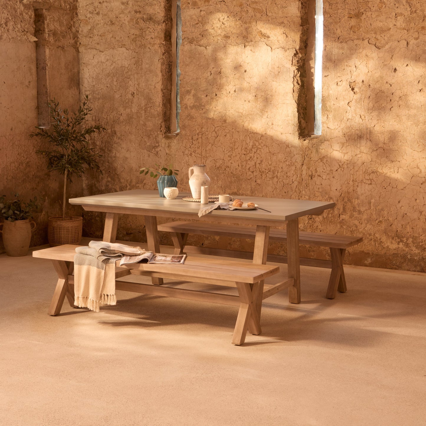 Shiro 6 Seater Pale Grey Garden Dining Set with 2 Charlotte Benches - Laura James