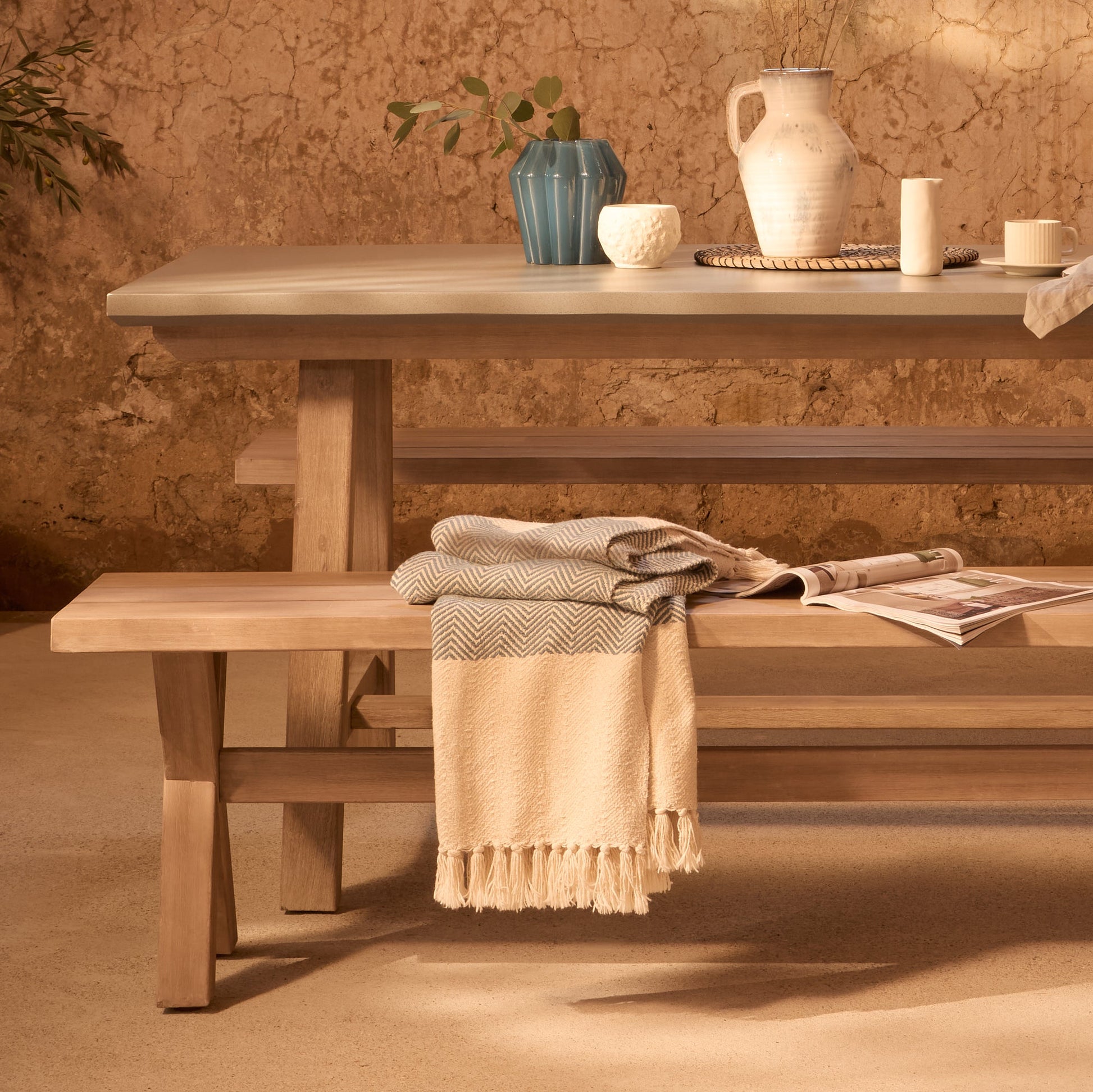 Shiro 6 Seater Pale Grey Garden Dining Set with 2 Charlotte Benches - Laura James