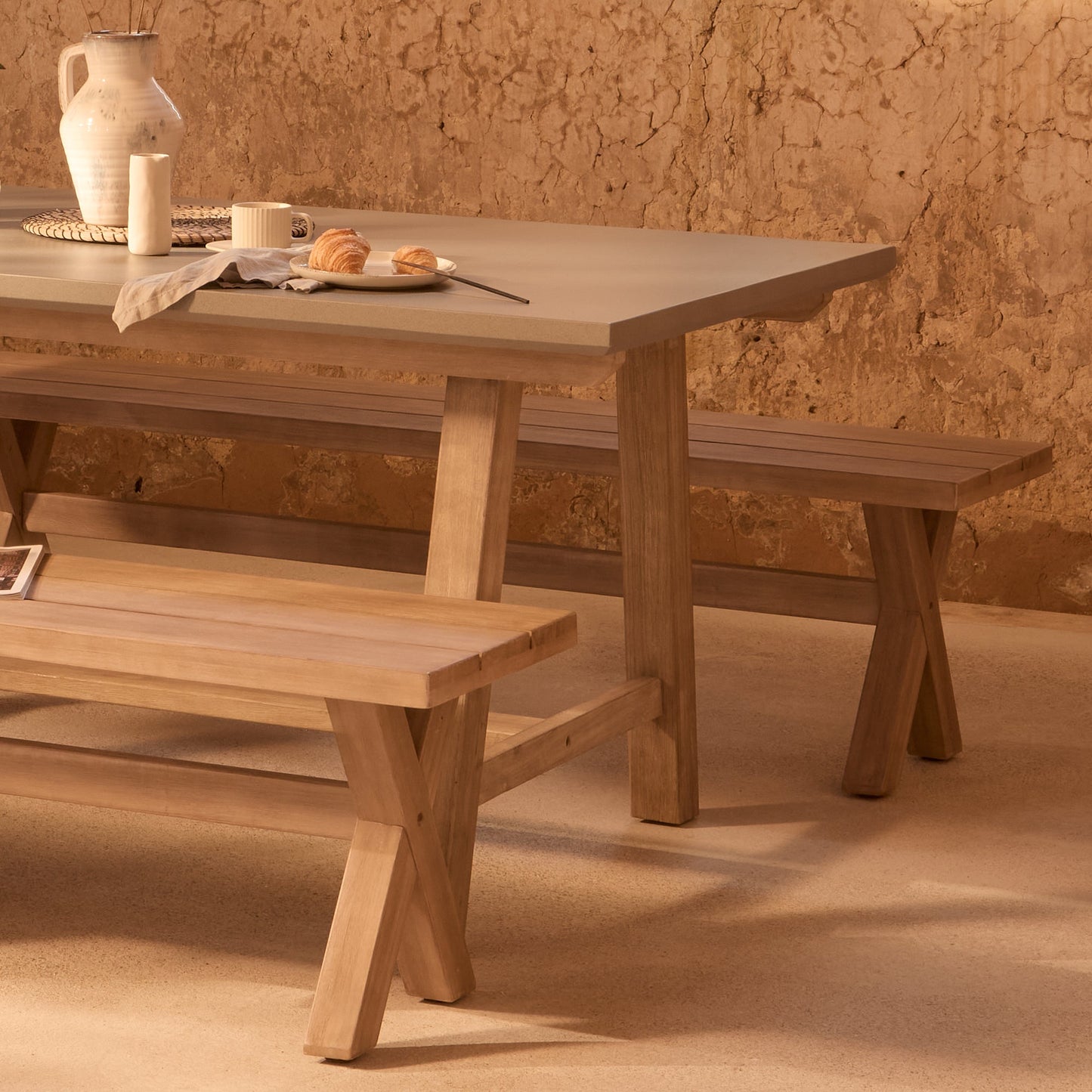 Shiro 6 Seater Pale Grey Garden Dining Set with 2 Charlotte Benches - Laura James