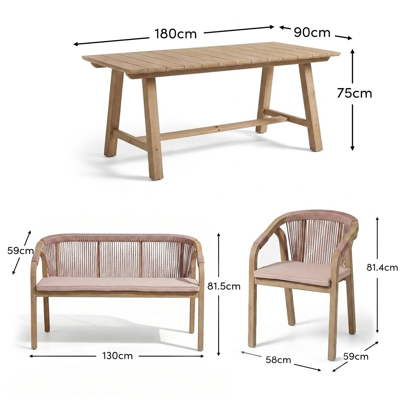 Shiro 6 Seater Wooden Garden Dining Set with Shiro Pink Rope Chairs & Bench - 180cm