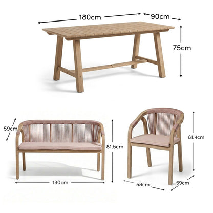 Shiro 6 Seater Wooden Garden Dining Set with Shiro Pink Rope Chairs & Bench - 180cm