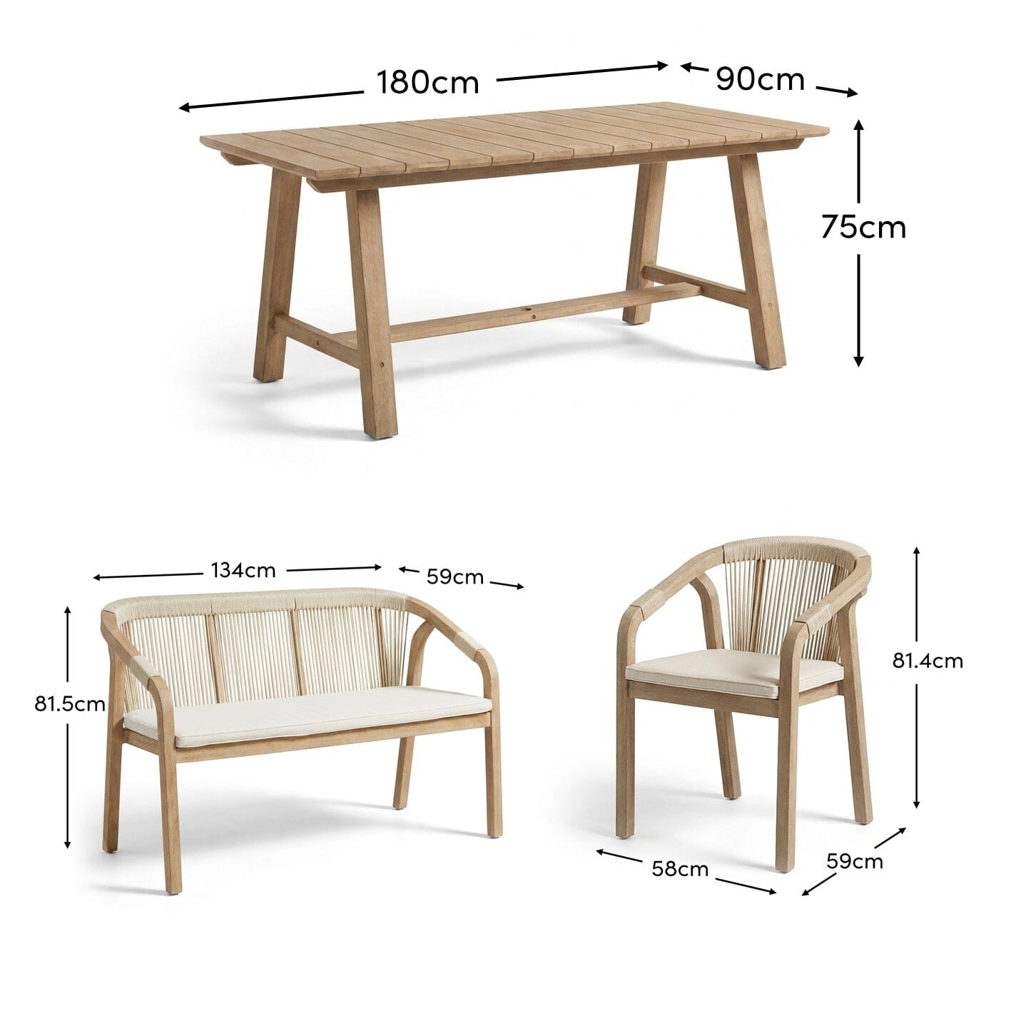 Shiro 6 Seater Wooden Garden Dining Set with Shiro Beige Rope Chairs & Bench - 180cm