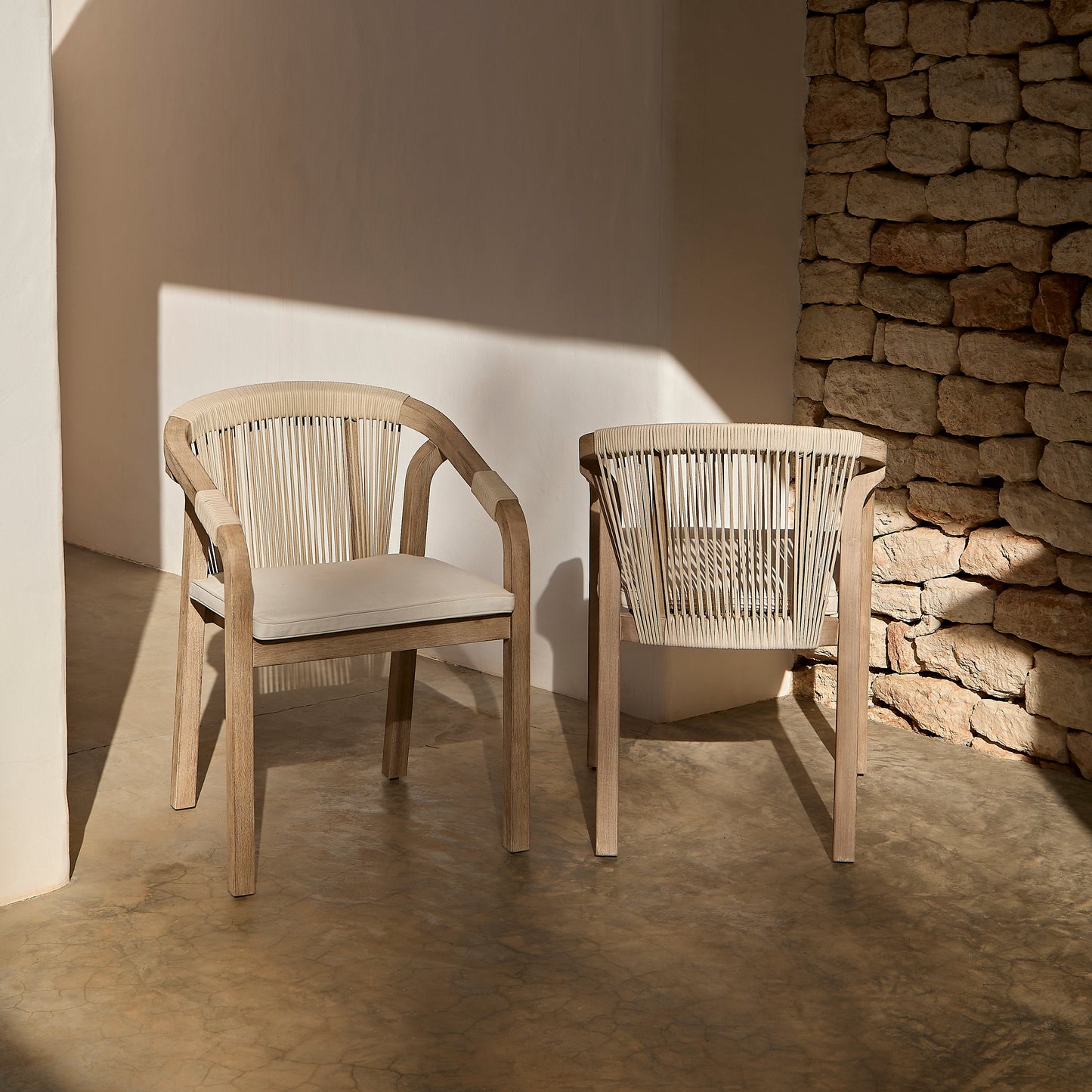 Shiro Brushed Light Acacia Garden Chairs - Set of 2 - Beige Rope - Laura James 