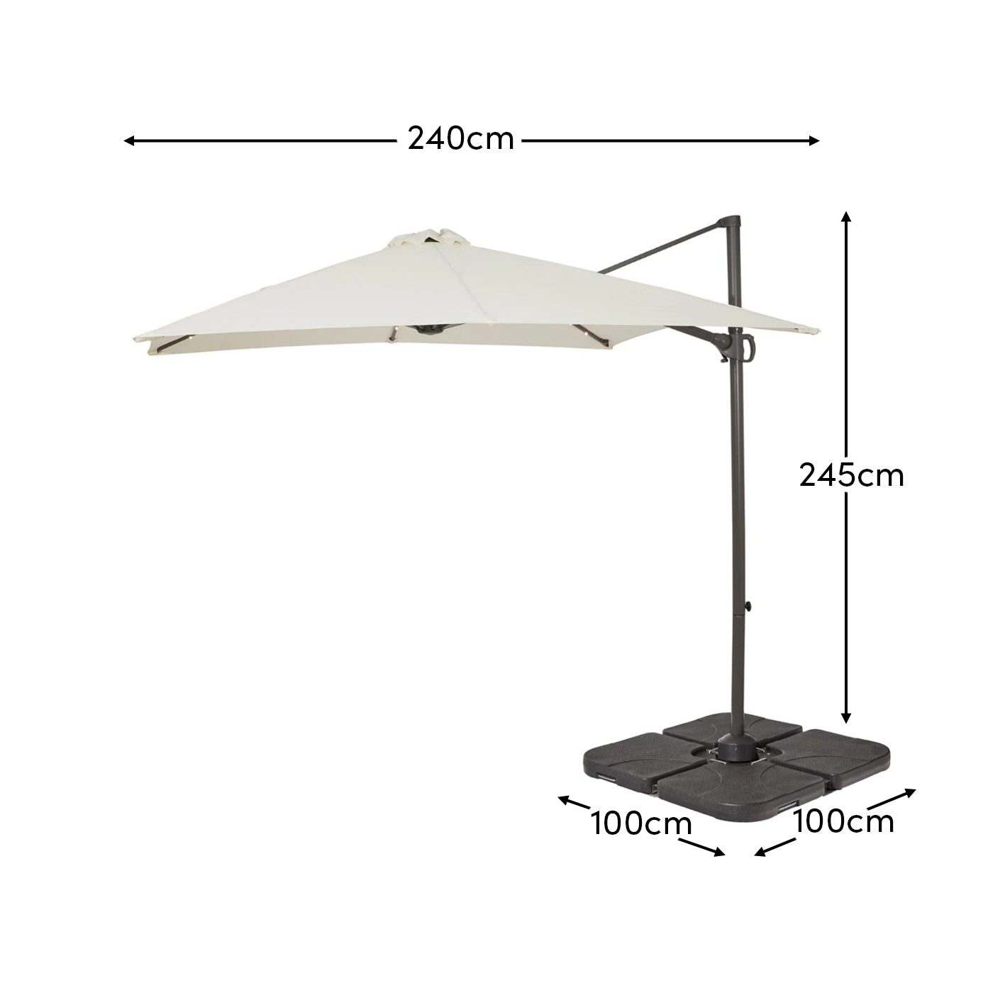 Square 2.4m Cream LED Cantilever Parasol & Raincover with 80kg Quartered Parasol Base - Laura James
