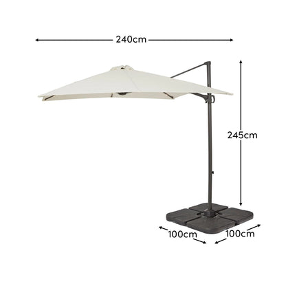 Square 2.4m Cream LED Cantilever Parasol & Raincover with 80kg Quartered Parasol Base - Laura James