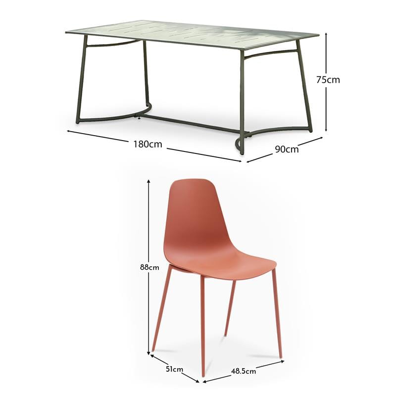 Wilder Rectangular Dining Table - Olive Green & 6 x Wren Garden Dining Chair - Burnt Orange - Laura James 