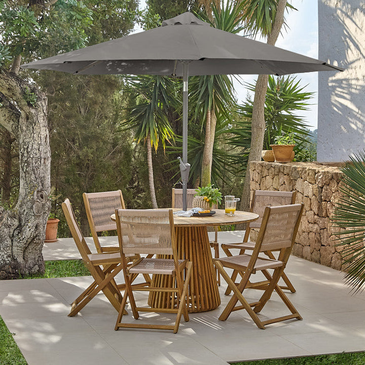 Willow Round 6 Wooden 4 Seater Dining Set with Cove Dining Chairs  with grey parasol - Laura James 