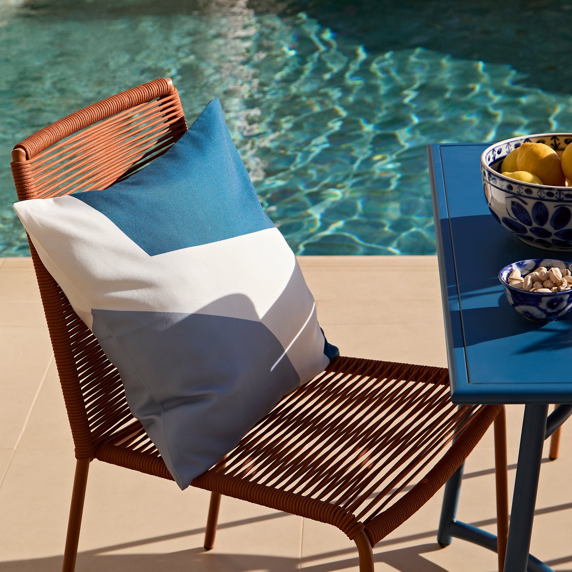 Wilder 6 Seater Blue Garden Dining Set with Ryder Burnt Orange Chairs - Laura James