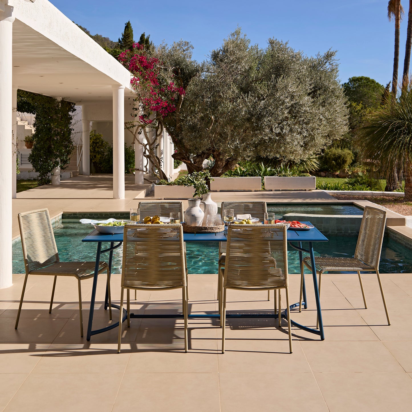 Wilder 6 Seater Blue Garden Dining Set with Ryder Clay Chairs - Laura James